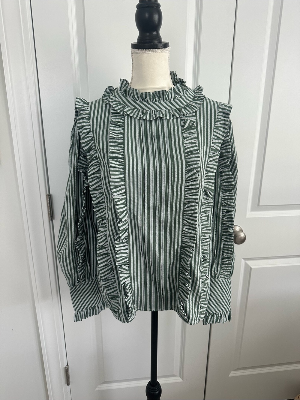 Karlie Green and White Striped Ruffle Blouse